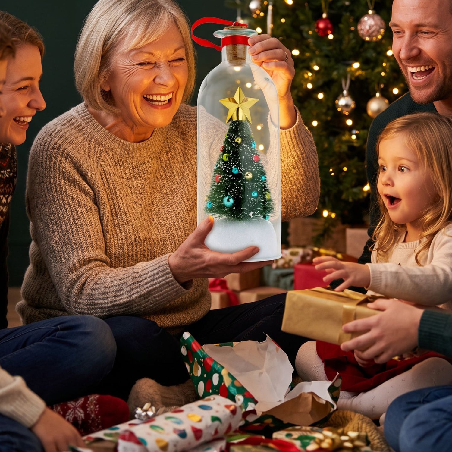 Family celebrating as grandmother holds her WhisperPine bottle