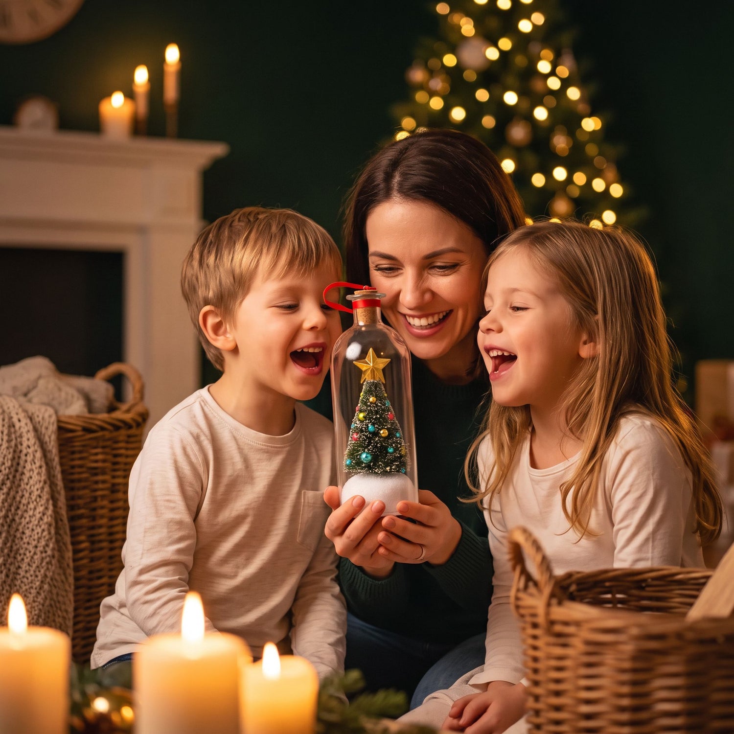 Mother and kids recording a message into the WhisperPine bottle
