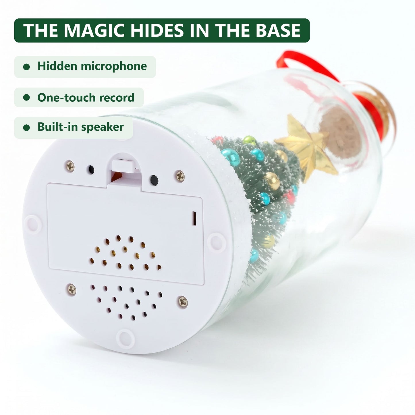 Hidden microphone, record button and speaker in the base
